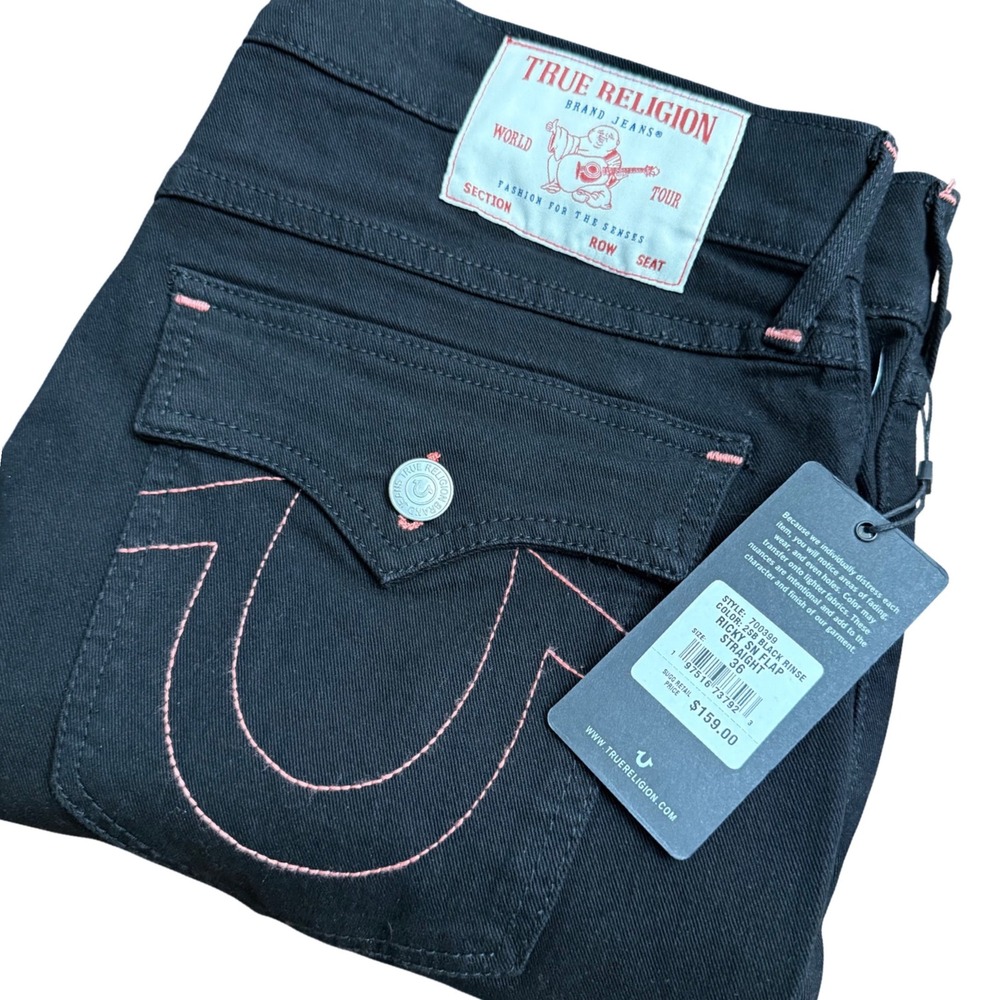 True Religion Ricky SN Flap Straight Black Rinse‎ Jeans Mens Size 36x34